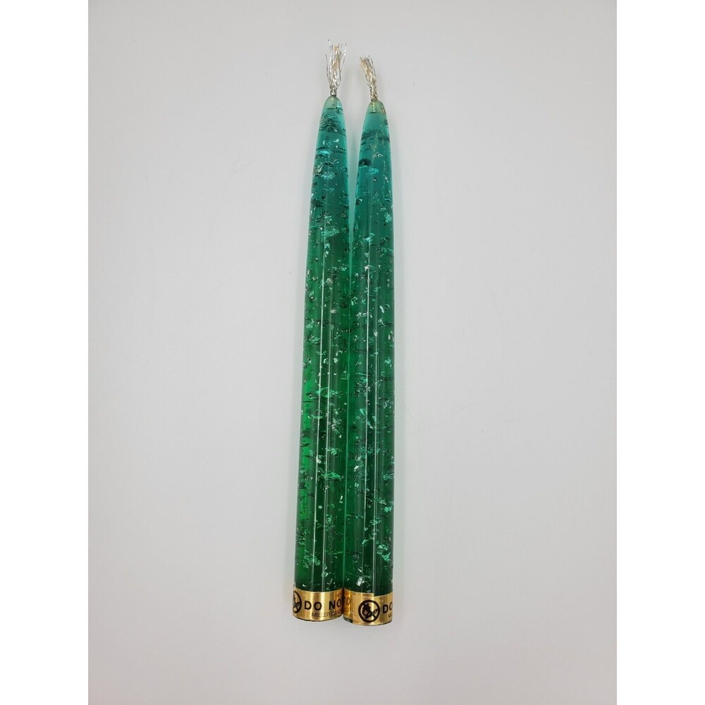 Set of 2 Vintage Lucite Taper Candles Green With Silver Metallic Flakes 8" MCM